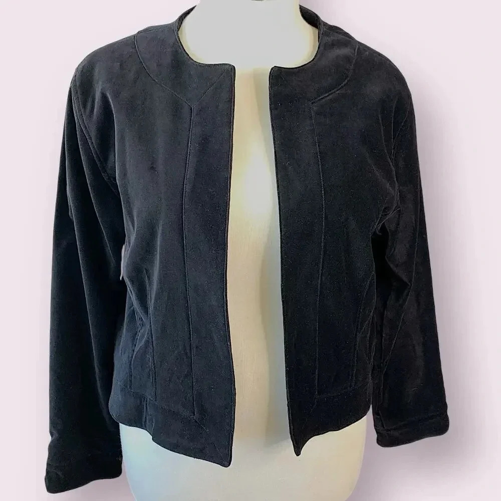 Chico's Vintage Casual Velvet Cropped Open Blazer Jacket Lined Size XL/16 Black